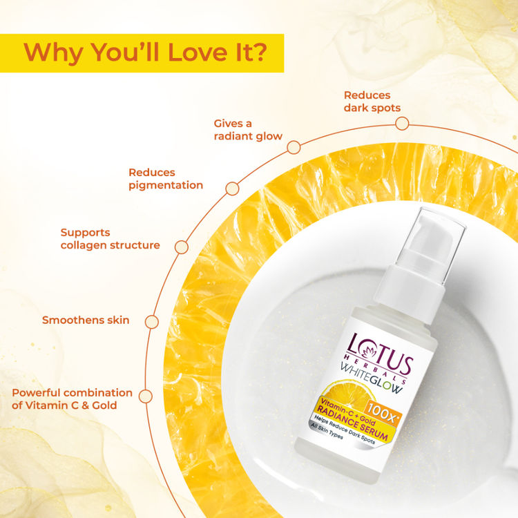 Lotus Herbals WhiteGlow Vitamin C + Gold Radiance Face Serum For Dark Spots, Dull & Uneven Skin Tone (30ml)