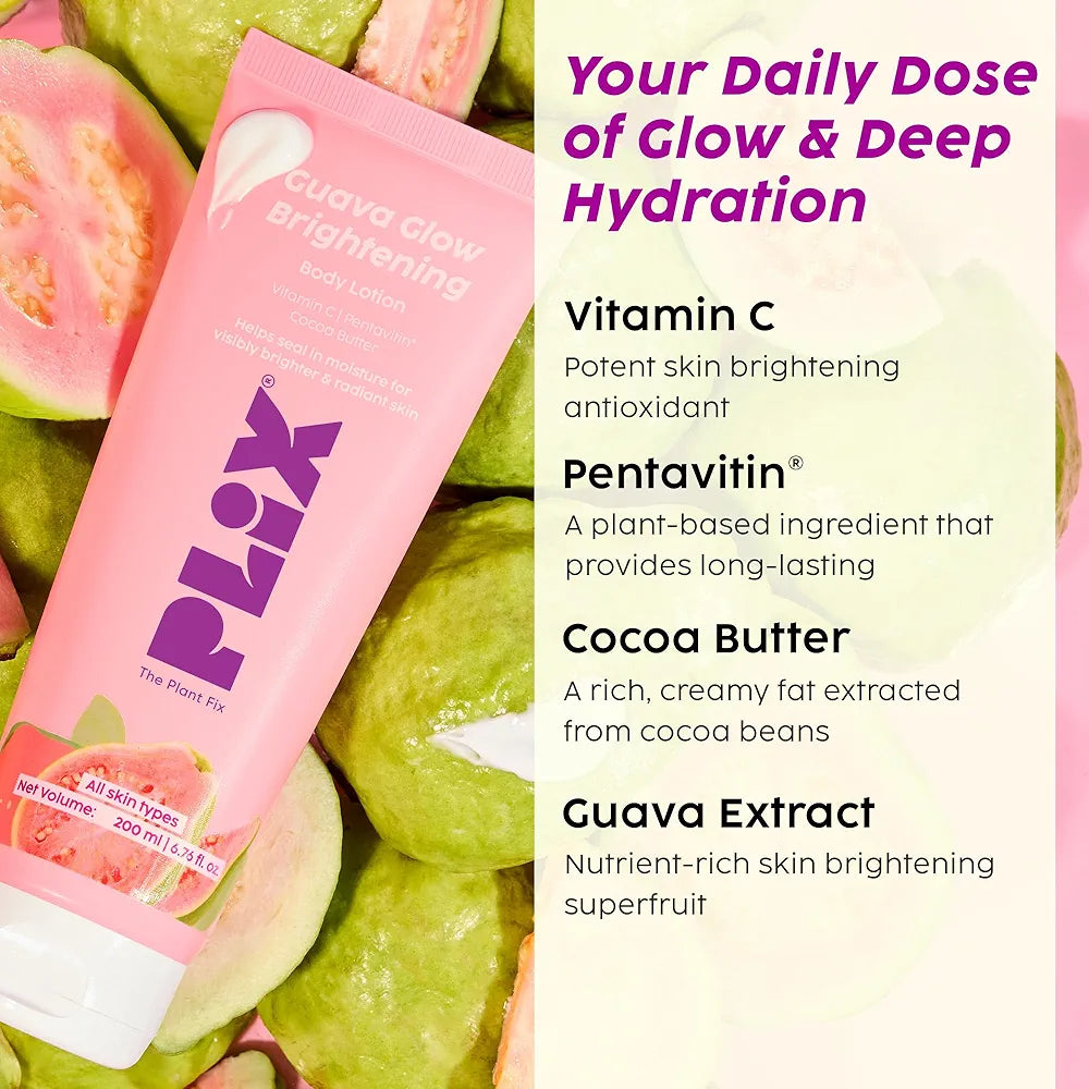PLIX - THE PLANT FIX Guava Glow Brightening Body Lotion | Hydrates, Brightens & Evens Skin Tone | Vitamin C, Shea & Cocoa Butter | Lightweight Daily Care | 200 ml