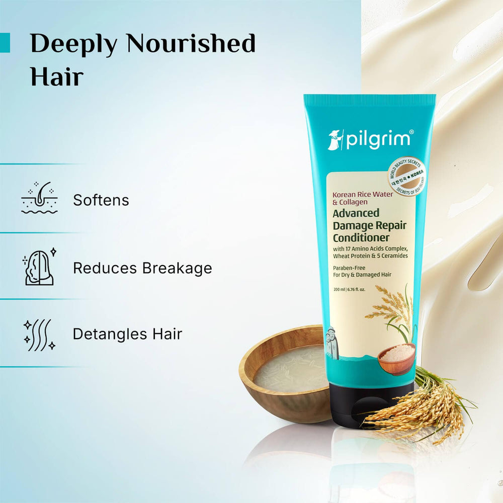Pilgrim Korean Rice Water & Collagen Advanced Damage Repair Conditioner
Deep Nourishment, Silky Hair