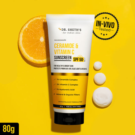 Dr. Sheth's Ceramide & Vitamin C Sunscreen - 80 gm In-Vivo Tested SPF 50+ PA ++++ 80g