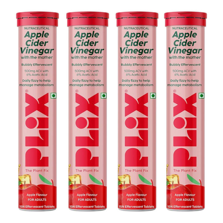 Plix Apple Cider Vinegar Effervescent Tablets with Vitamin B6 & B12, Pack of 4 - Apple
(15 tablets each)
