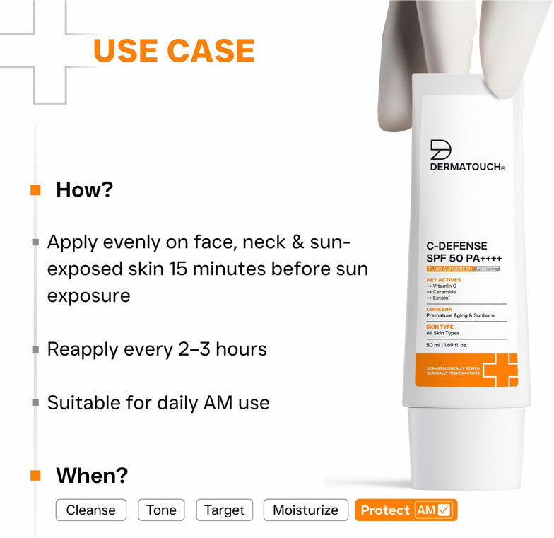Dermatouch sunscreen spf 50 pa++++ c-defense fluid lightweight sunscreen for anti aging (50ml)
