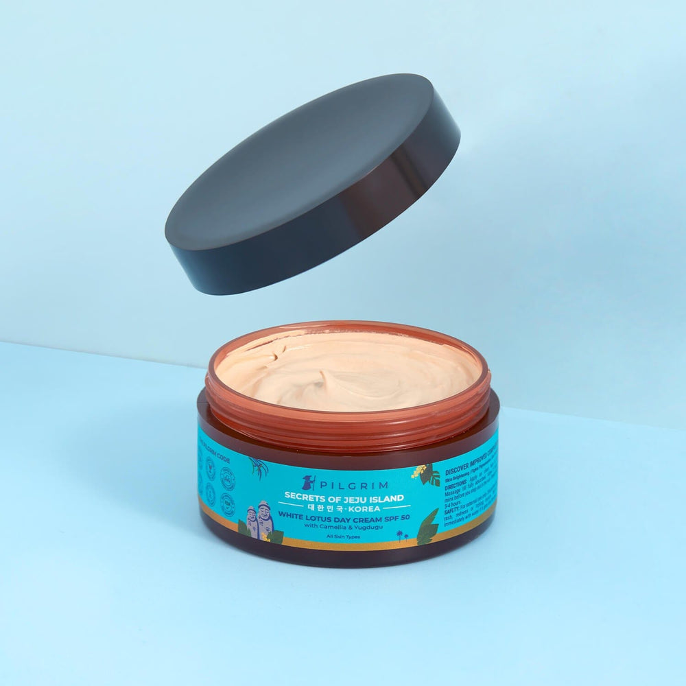 Pilgrim White Lotus Day Cream SPF 50 (PA+++) with Camellia & Yugdugu