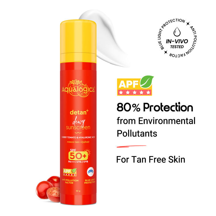 Aqualogica Detan+ Dewy Sunscreen In-Vivo Tested SPF 50+ PA++++ with Cherry Tomato & HA - 50 g