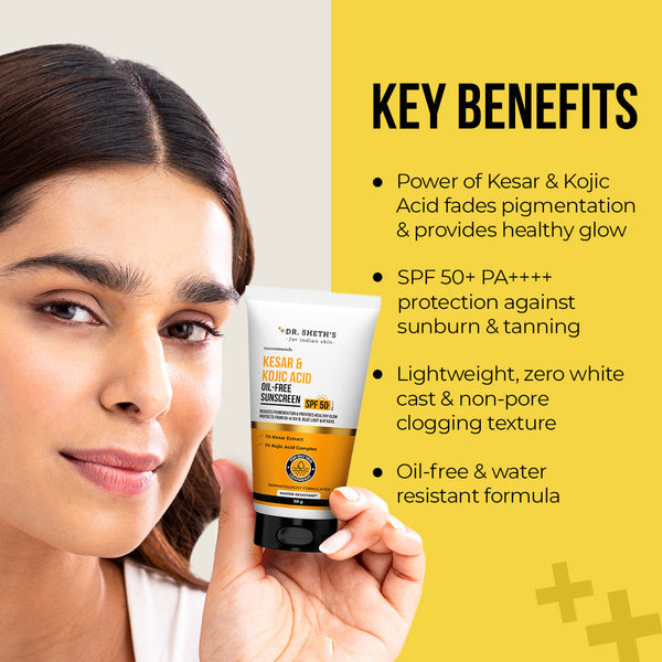 Dr. Sheth's Kesar & Kojic Acid Oil Free Sunscreen - 50g In-Vivo Tested SPF 50+ PA ++++ 50g