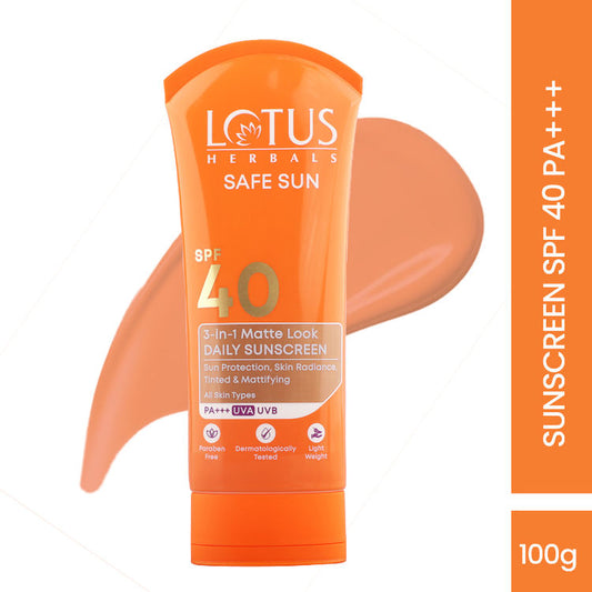 Lotus Herbals SafeSun 3in1 Matte Look Daily Sunscreen SPF 40 PA+++ ,Tinted & Dermatologically Free (100g)
