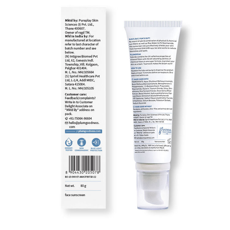 Plum 2% Niacinamide & Rice Water SPF 50 PA+++ Sunscreen, Fades Tan, For Oily To Dry Skin Type
(80g)
