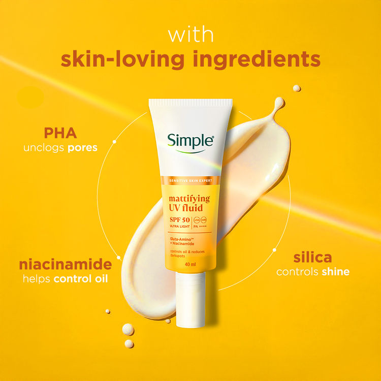 Simple Mattifying UV Fluid SPF 50 PA++++ with Niacinamide Sunscreen For Oily & Sensitive Skin
(40ml)