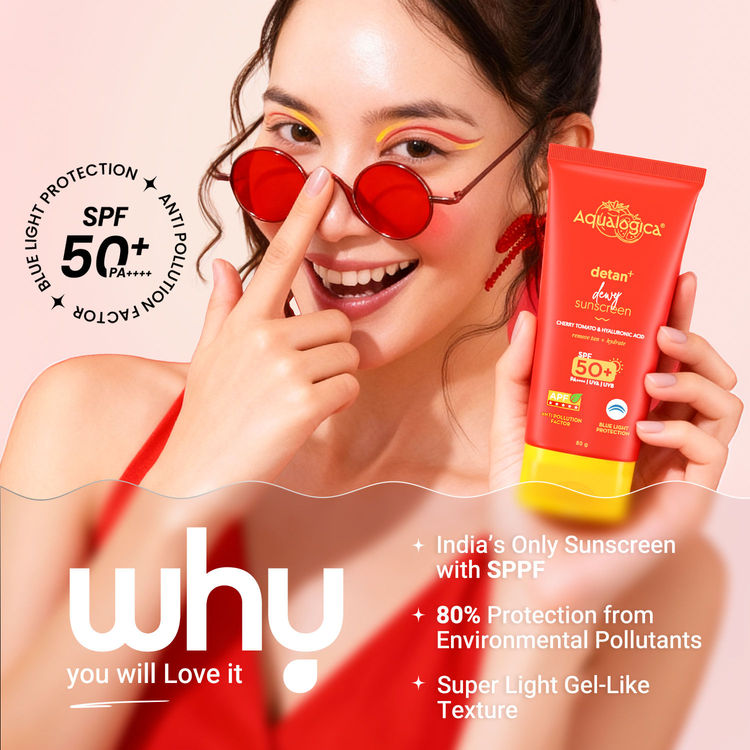 Aqualogica Detan+ Dewy Sunscreen In-Vivo Tested SPF 50+ PA++++ with Cherry Tomato & HA - 80 g