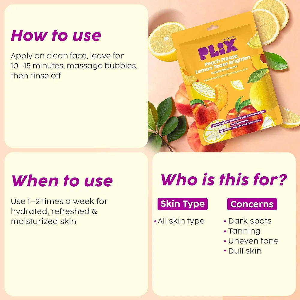 Plix Peach Please Lemon Tease Brighten Bubble Sheet mask
