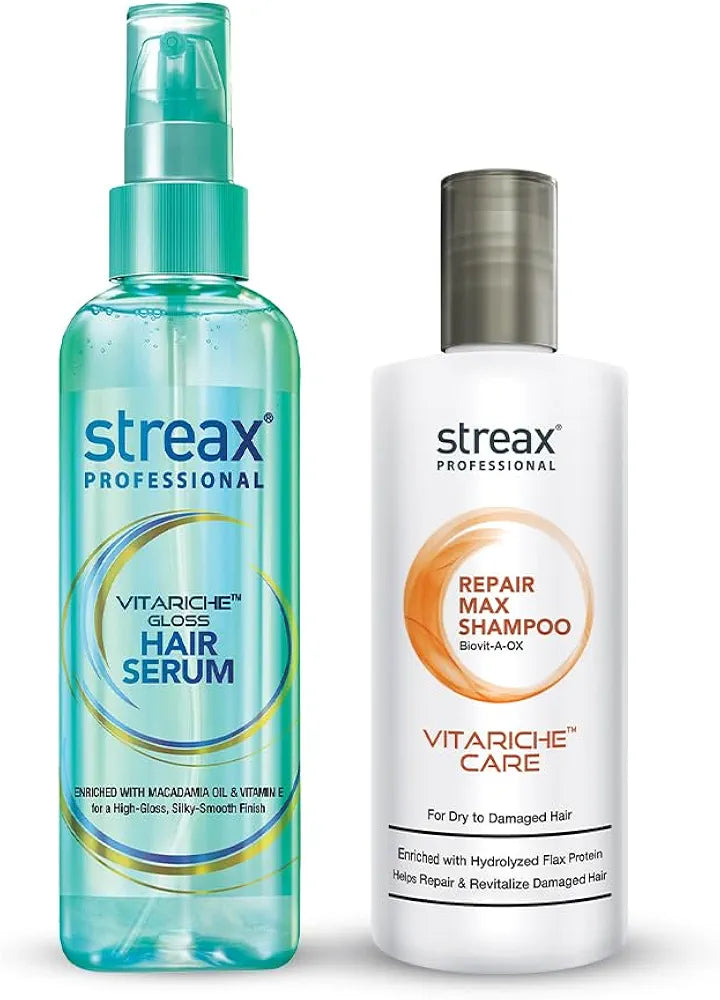 Streax Professional Vitariche Gloss Hair Serum, 115ml for Frizz Free Hair + FREE Repair Max Shampoo,100 ml for Dry to Damaged Hair