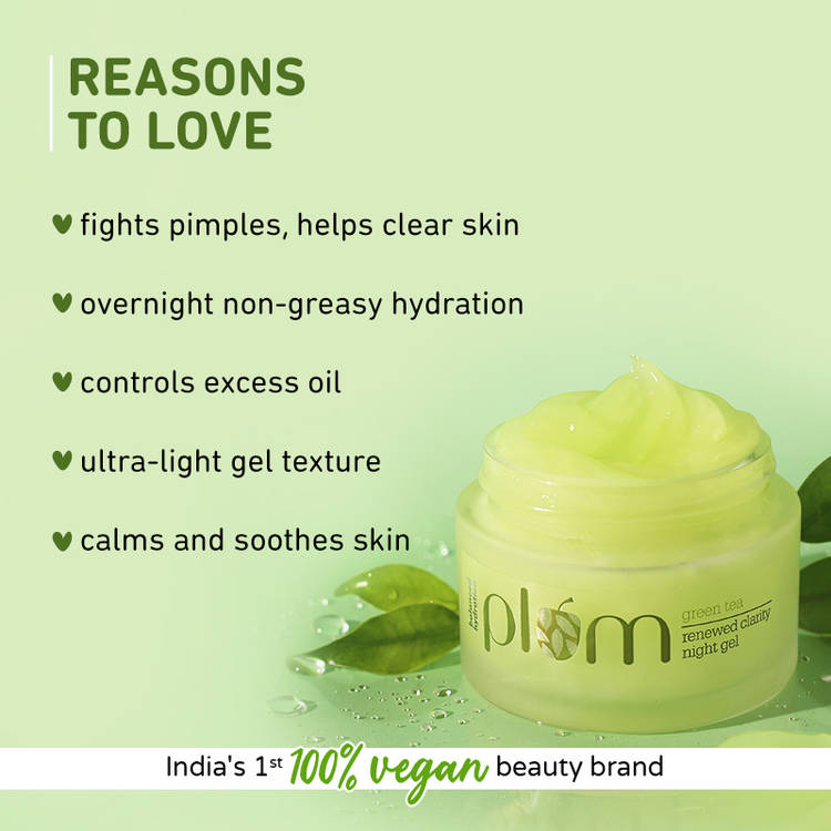 Plum Green Tea Night Gel Cream With Glycolic Acid, Fights Acne For Clear,Oil-Free,YouthfulSkin (50ml)