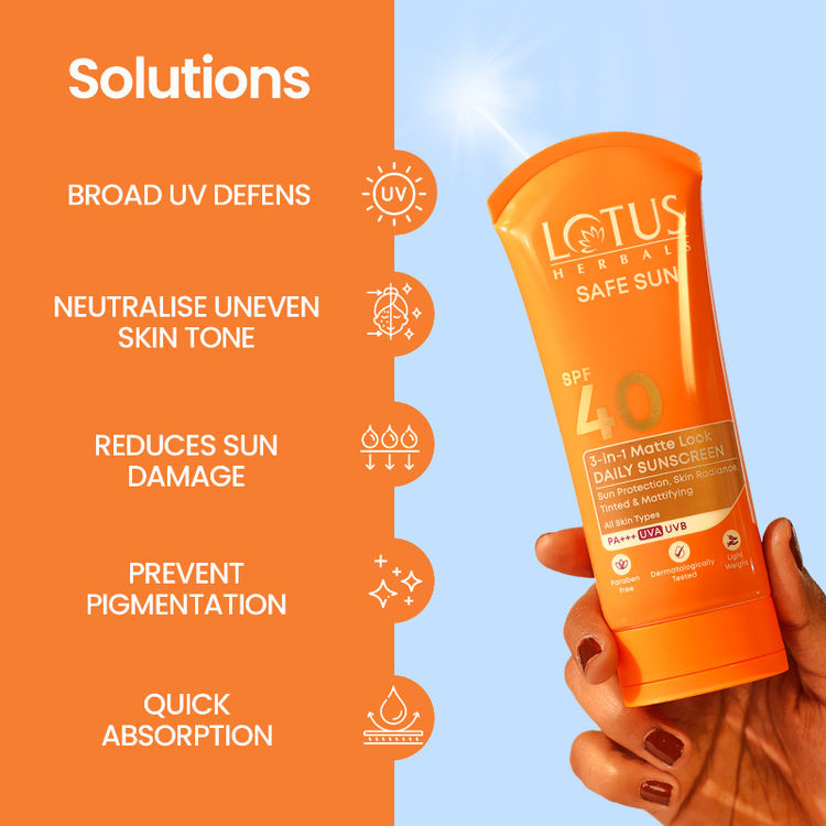 Lotus Herbals SafeSun 3in1 Matte Look Daily Sunscreen SPF 40 PA+++ ,Tinted & Dermatologically Free (100g)