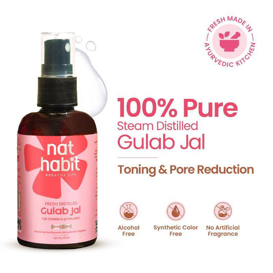 Nat Habit Gulab Jal 100% Pure Rose Water, Face Mist (Toner) for Pore Tightening, Acne & Hydration (100ml)