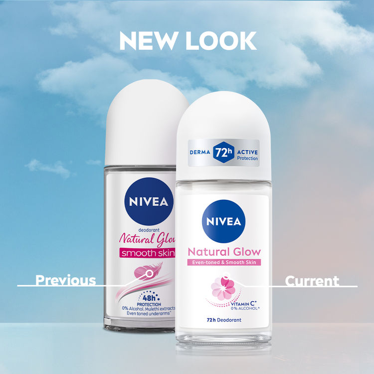 NIVEA Natural Glow Even Toned Vit C & 0% Alcohol Deo Underarm Roll On 72Hr Active Protection Smooth Skin
(50ml)