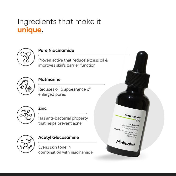 Minimalist 10% Niacinamide Face Serum With Matmarine + Zinc For Reducing Oil & Blemishes
(30ml)