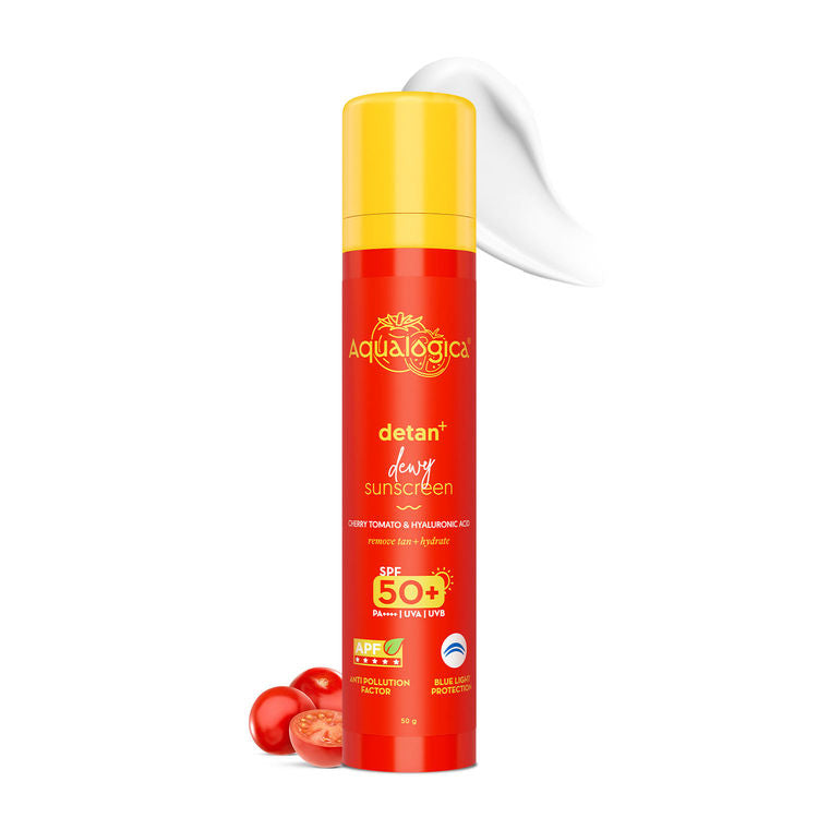 Aqualogica Detan+ Dewy Sunscreen In-Vivo Tested SPF 50+ PA++++ with Cherry Tomato & HA - 50 g