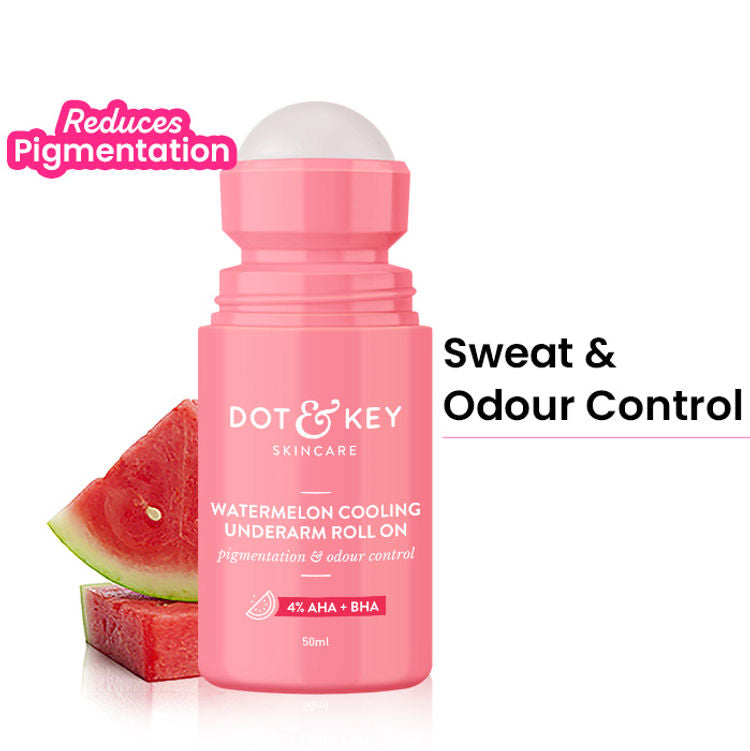 Dot & Key Watermelon Cooling Underarm Roll On, Pigmentation & Odour Control, With 4% AHA & BHA (50ml)