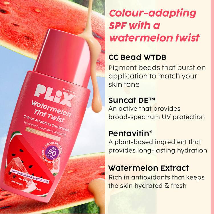 Plix Watermelon Tint Twist Color-Adapting Sunscreen - Medium Sunlit Glow
(50ml)