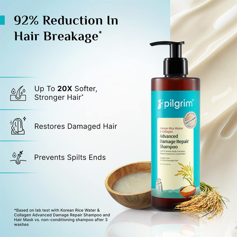 Pilgrim Korean Rice Water & Collagen Advanced Damage Repair Shampoo (400ml) 
Repair, Strengthen & Soften