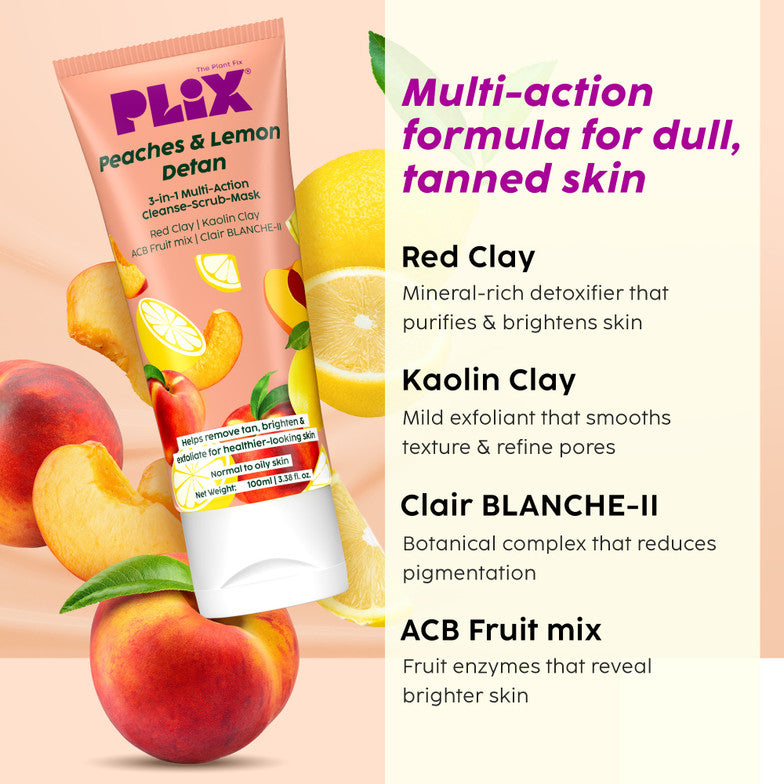 Plix Peaches & Lemon 3-in-1 Detan Face Wash, Scrub & Mask for Smooth, Bright Skin (100ml)