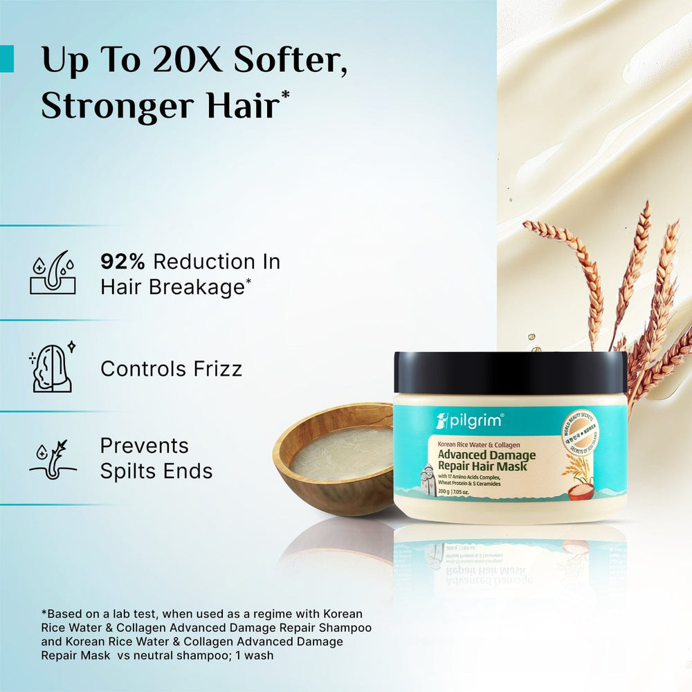 Pilgrim Korean Rice Water & Collagen Advanced Damage Repair Hair Mask
Deep Repair, Intense Hydration