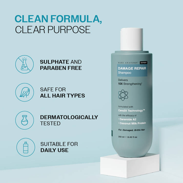 Bare Anatomy Damage Repair Shampoo for Damaged, Dry & Frizzy Hair Paraben & Sulphate Free Shampoo (250ml)