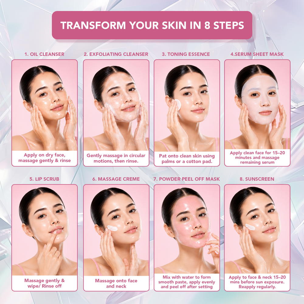 Lotus Herbals Korean Glass 8-Step Skin Facial Kit with Kombucha & Rice Water / 101g
