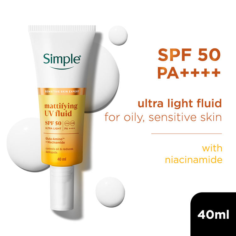 Simple Mattifying UV Fluid SPF 50 PA++++ with Niacinamide Sunscreen For Oily & Sensitive Skin
(40ml)