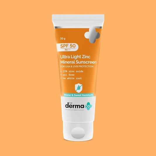 The Derma Co Ultra Light Zinc Mineral Sunscreen with SPF 50 For Broad Spectrum, UVA, UVB & Blue Light Protection - 50g