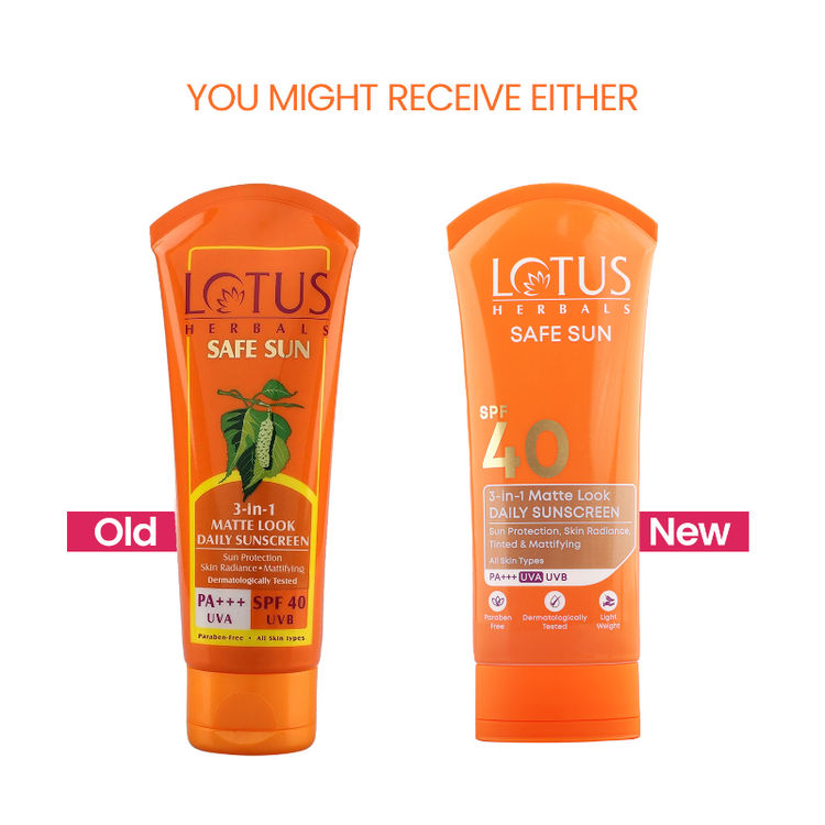 Lotus Herbals SafeSun 3in1 Matte Look Daily Sunscreen SPF 40 PA+++ ,Tinted & Dermatologically Free (100g)