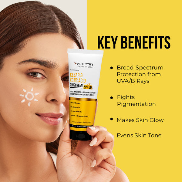 Dr. Sheth's Kesar & Kojic Acid Sunscreen - 50 gm In-Vivo Tested SPF 50+ PA ++++ 50g