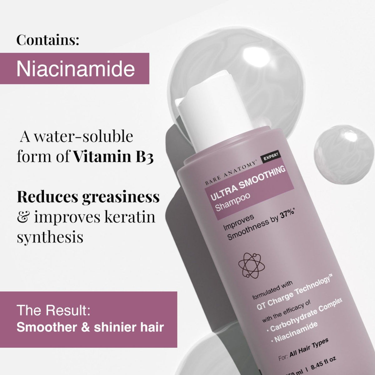 Bare Anatomy Ultra Smoothing Shampoo for Dry and Frizzy Hair Niacinamide Paraben & Sulphate Free (250ml)