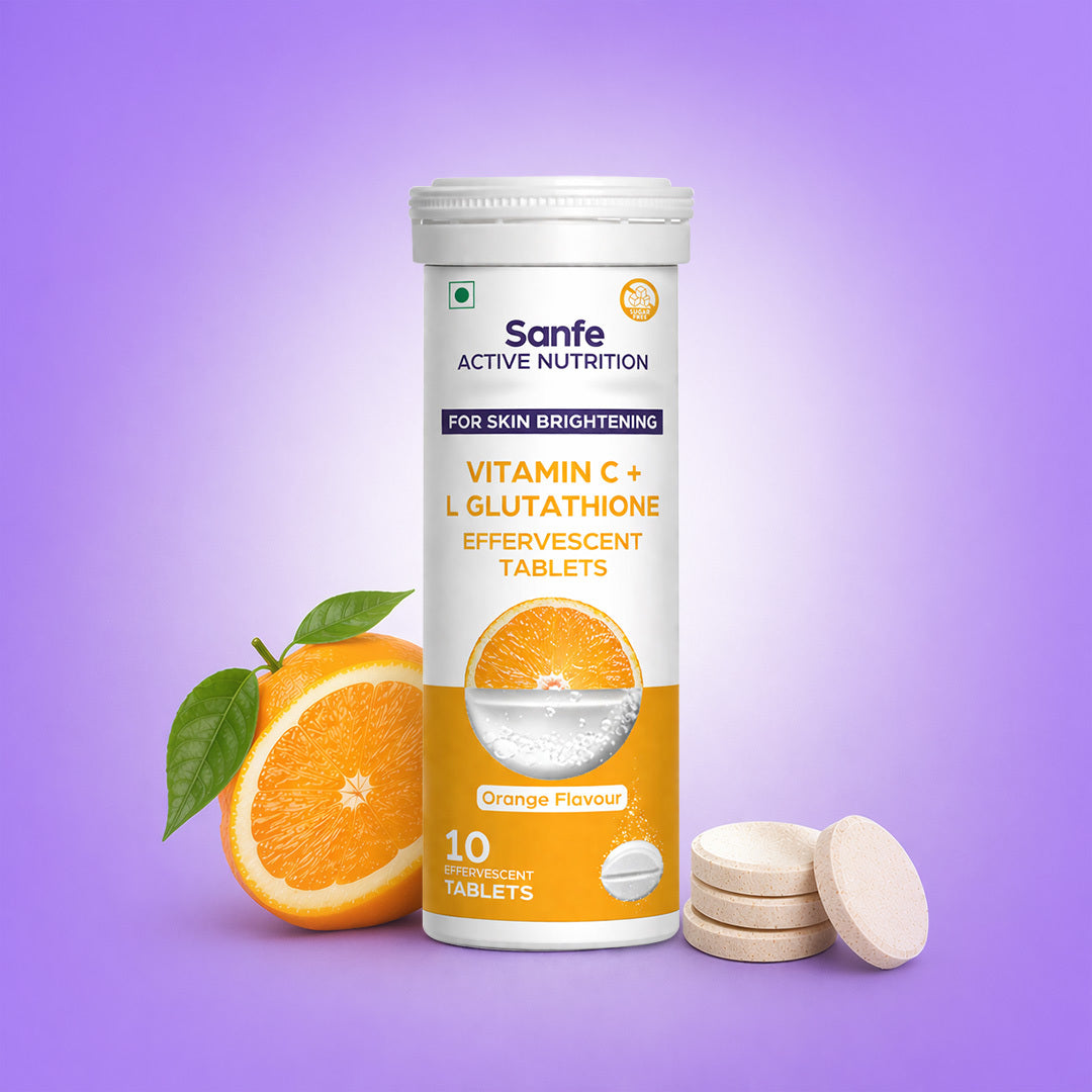 Sanfe Effervescent Tablets, Vitamin C + L Glutathione (Orange) | For Skin Brightening, 10 Tablets