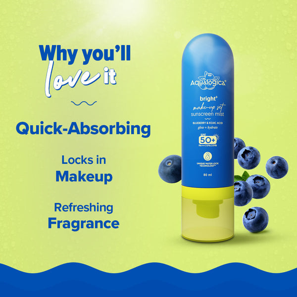 Aqualogica Bright+ Makeup-Set Sunscreen Mist SPF 50+ PA++++ with Blueberry & Kojic Acid