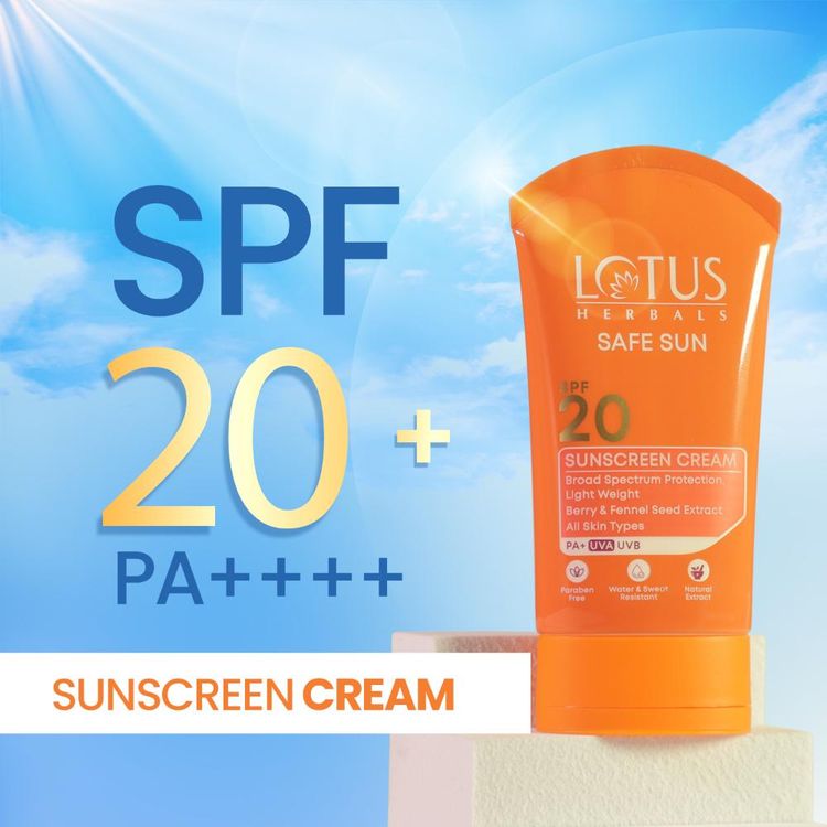 Lotus Herbals SafeSun Sunscreen Cream SPF 20 PA+ ,Berry & Fennel Seed Extracts,Waterproof & Oil-free (100g)